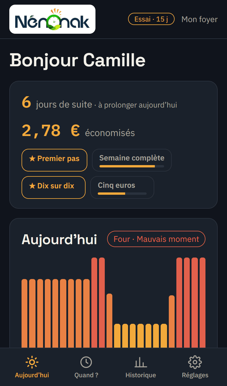 Écran « Aujourd’hui » : coût du kWh heure par heure et meilleurs créneaux