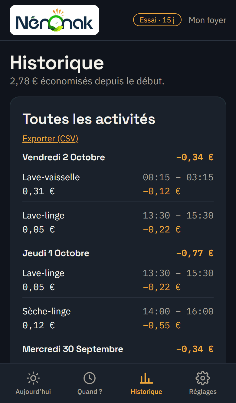 Écran « Historique » : lancements et économies estimées