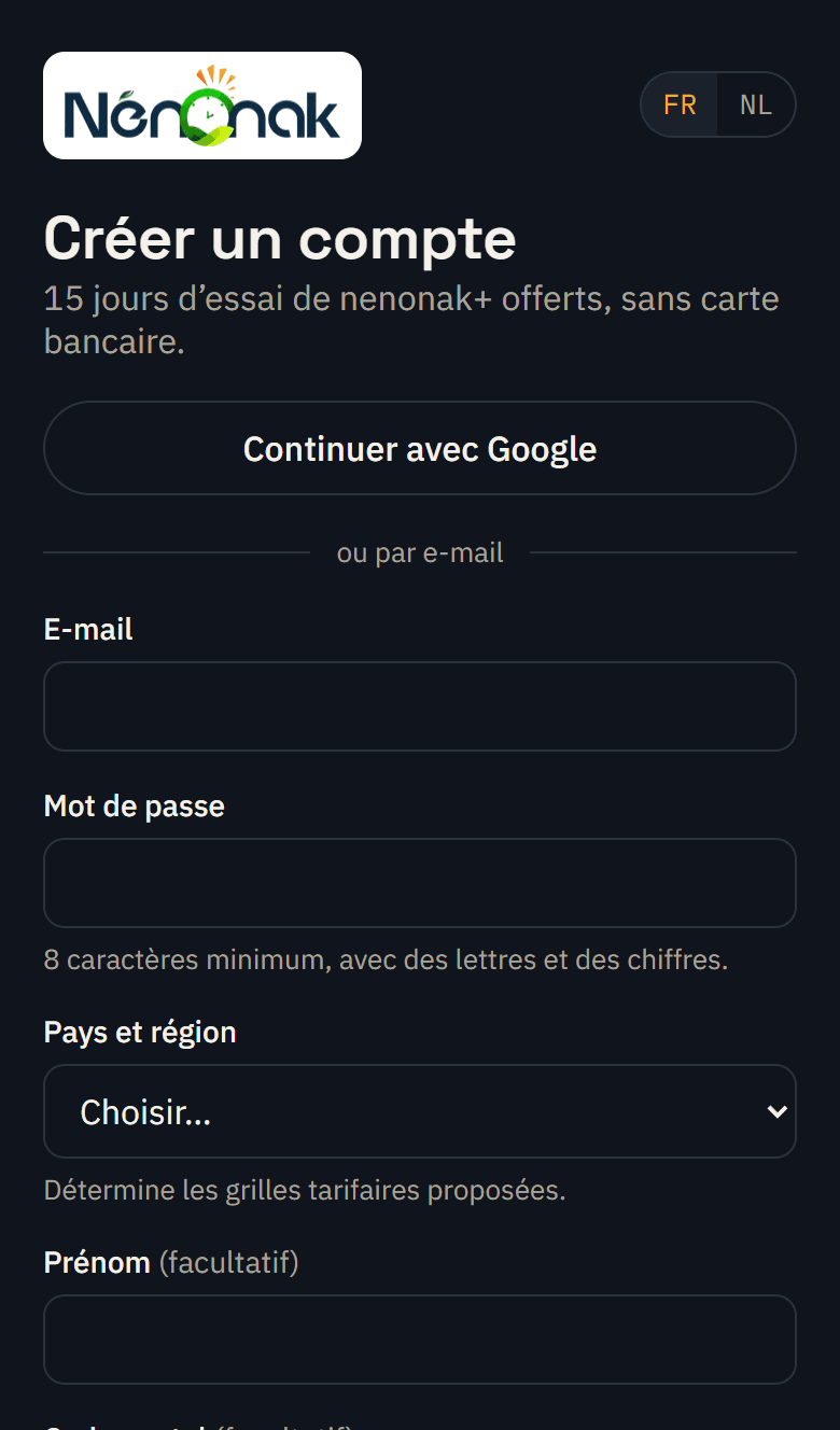 Écran d’inscription de nenonak sur un téléphone