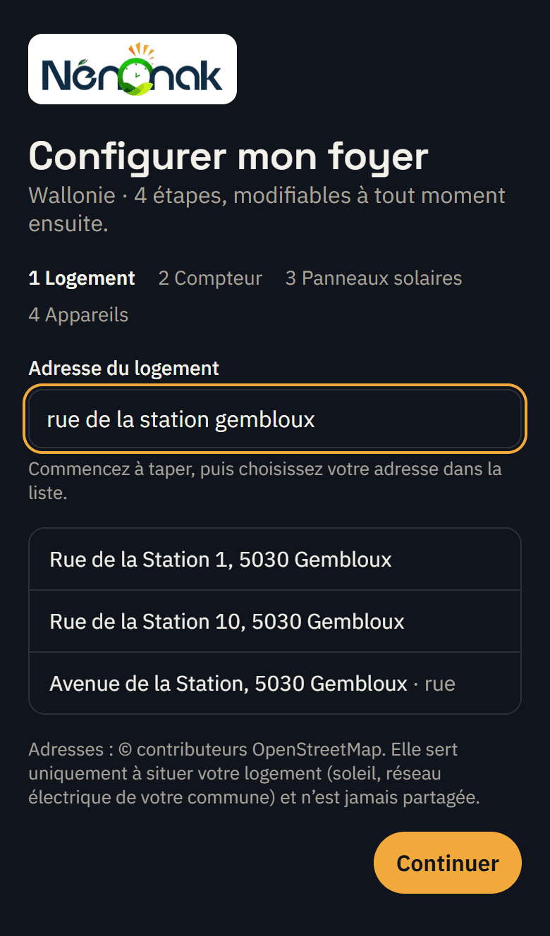 Étape « Logement » : saisie de l’adresse avec suggestions