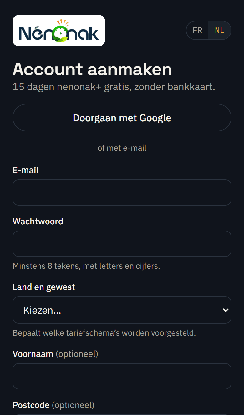 Registratiescherm van nenonak op een telefoon
