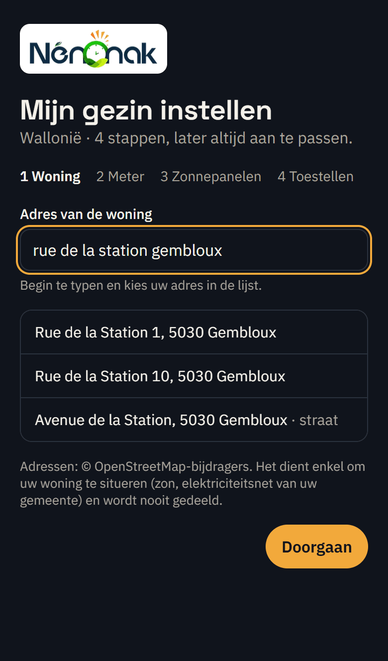 Stap « Woning »: adres invullen met suggesties